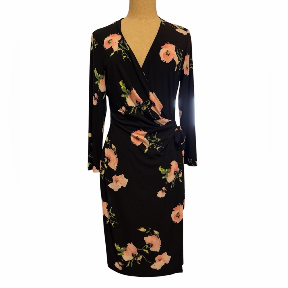 Anne Klein Black Floral Print Wrap Dress